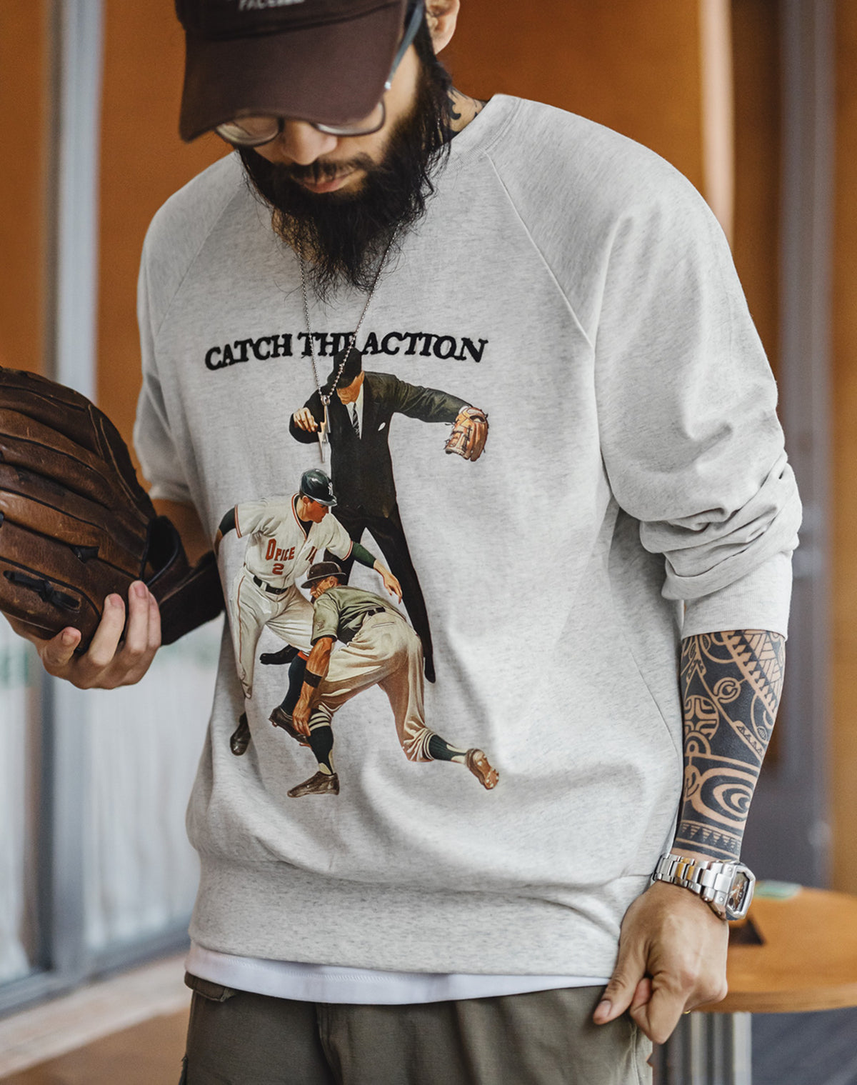 American Retro Baseball Print Heavy Letter Embroidery Loose Men's Sweater - Harmony Gallery