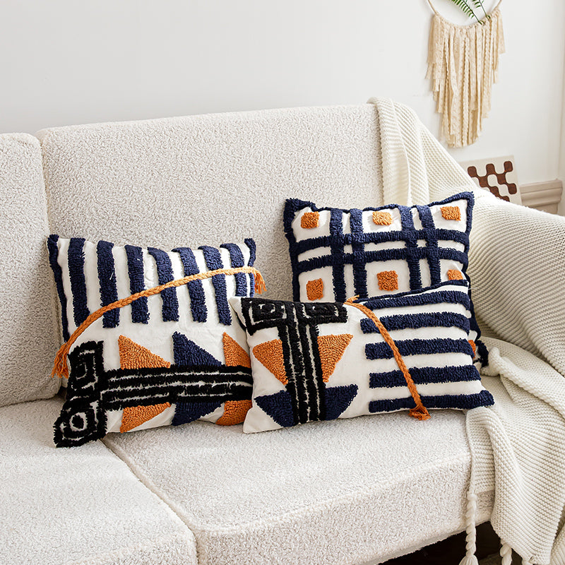 Artisanal Abstract Geometric Navy and Orange Throw Pillow - Harmony Gallery