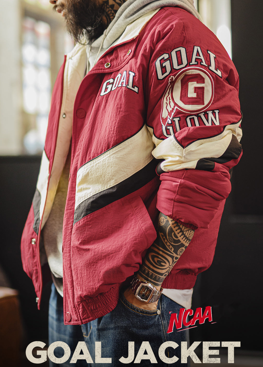 American Patchwork Racing With Red Collar Thickened Warm Cotton Men's Jacket - Harmony Gallery