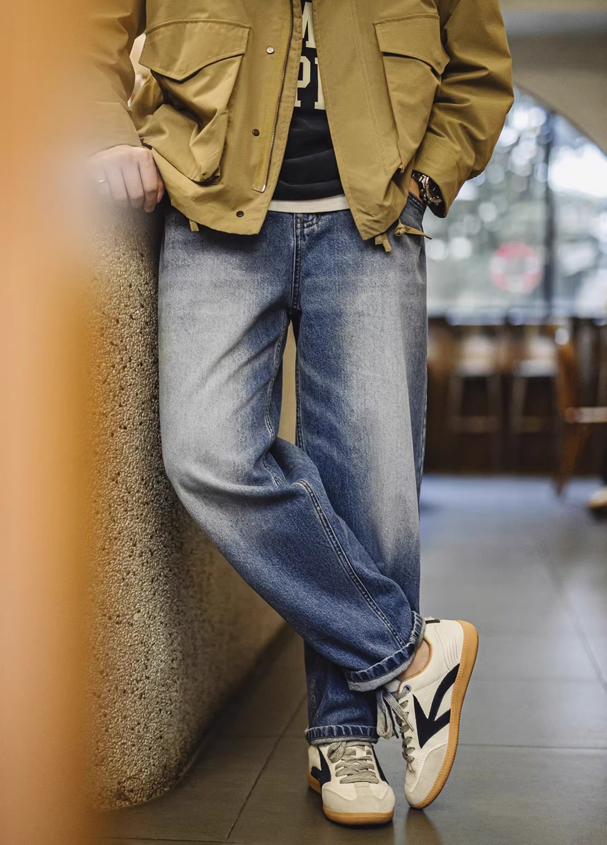 American Retro Washed Cat Whisker Grinding White Denim Cotton Men's Jeans - Harmony Gallery