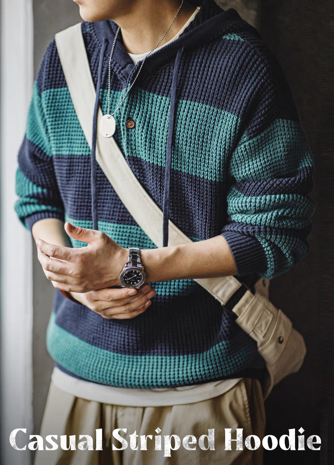 American Contrast Striped Hooded College Popularity Pullover Men's Sweater - Harmony Gallery