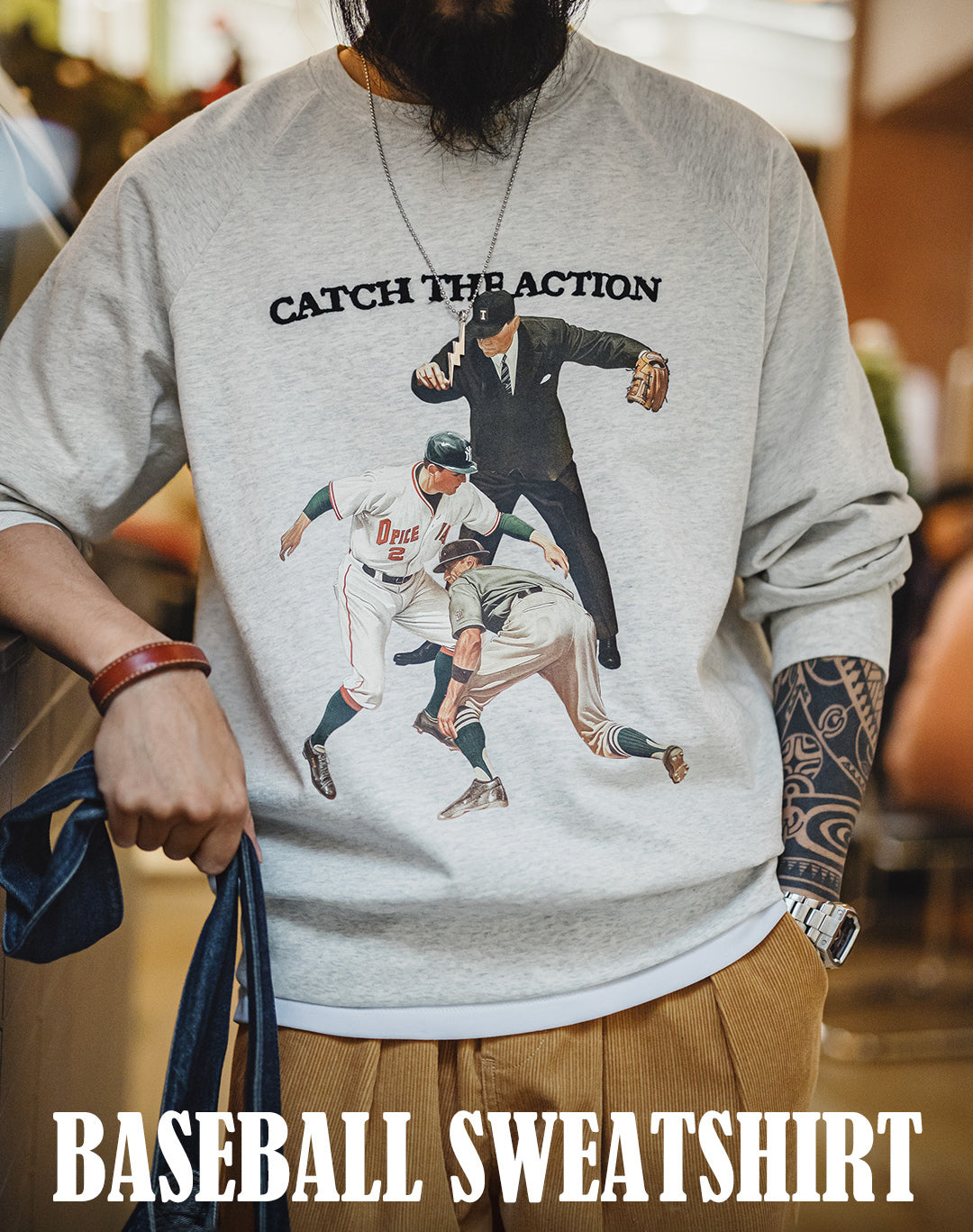 American Retro Baseball Print Heavy Letter Embroidery Loose Men's Sweater - Harmony Gallery