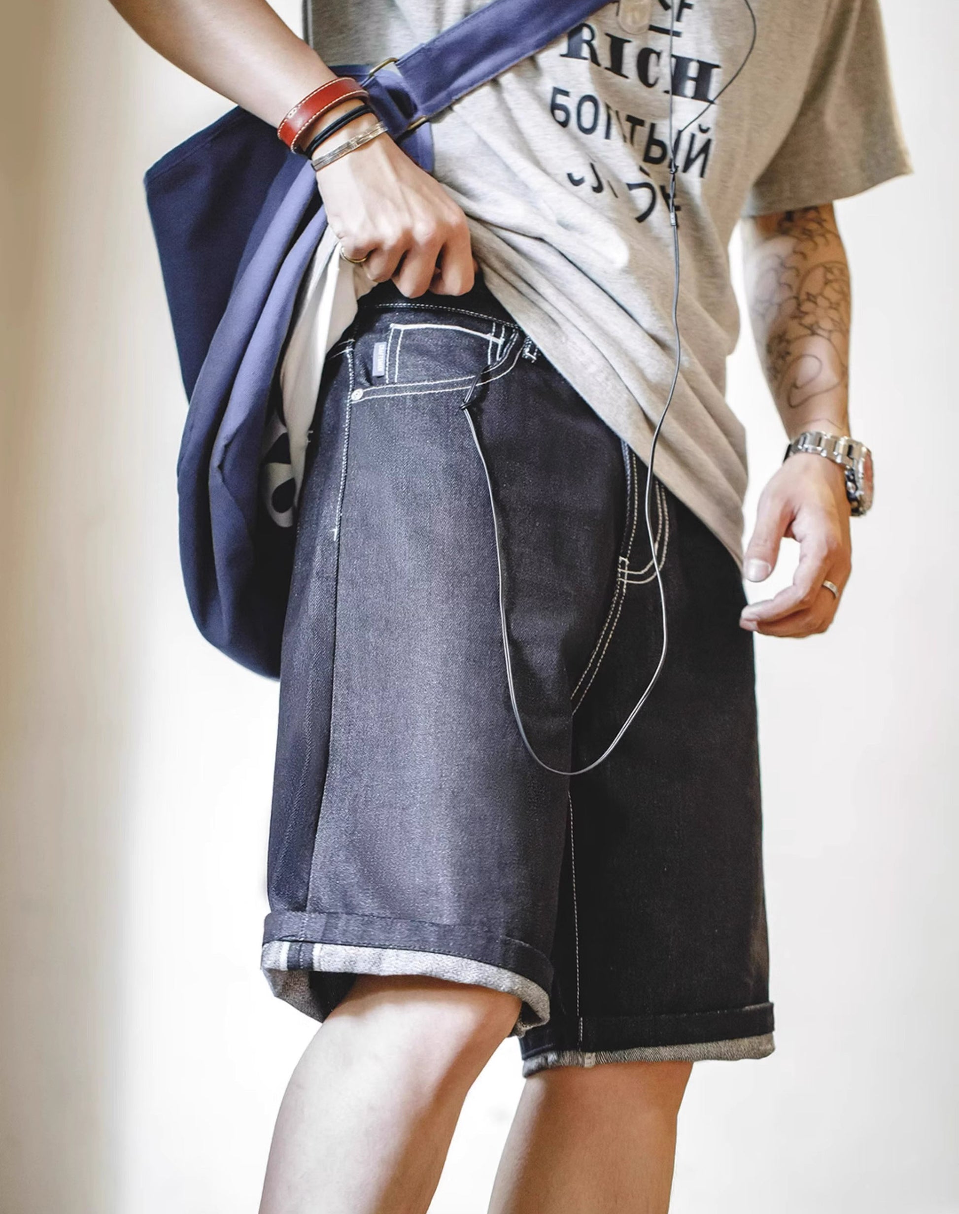 American Retro Silver Cow Raw Denim Straight Men's Shorts - Harmony Gallery