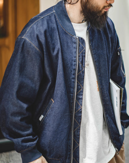 American Retro Denim Washed MA1 Bomber Baseball Men's Jacket - Harmony Gallery