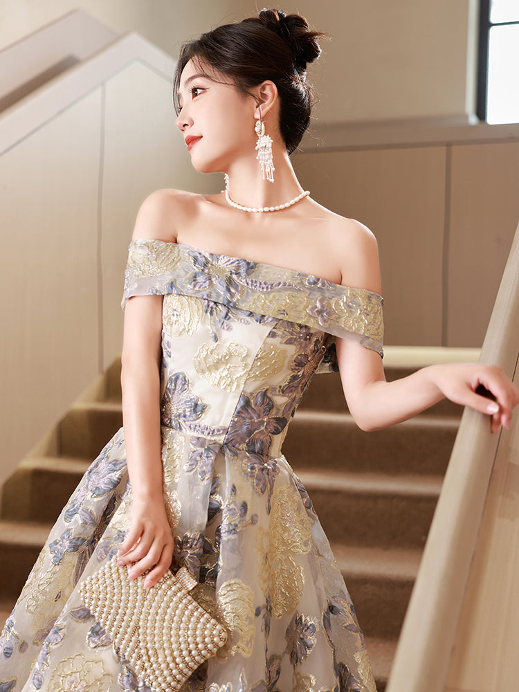 Elegant Off-Shoulder Gold and Blue Floral Embroidered Ball Gown Dress - Harmony Gallery