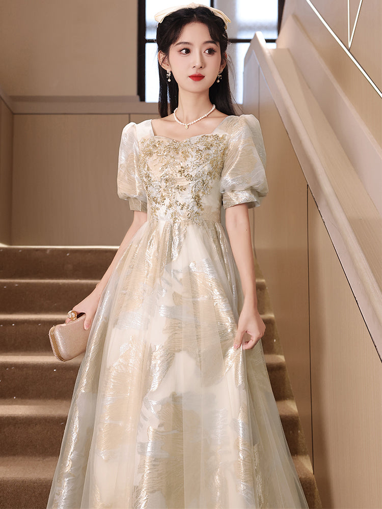 Vintage Gold and Cream Puff Sleeve Ball Gown with Floral Embroidery - Harmony Gallery
