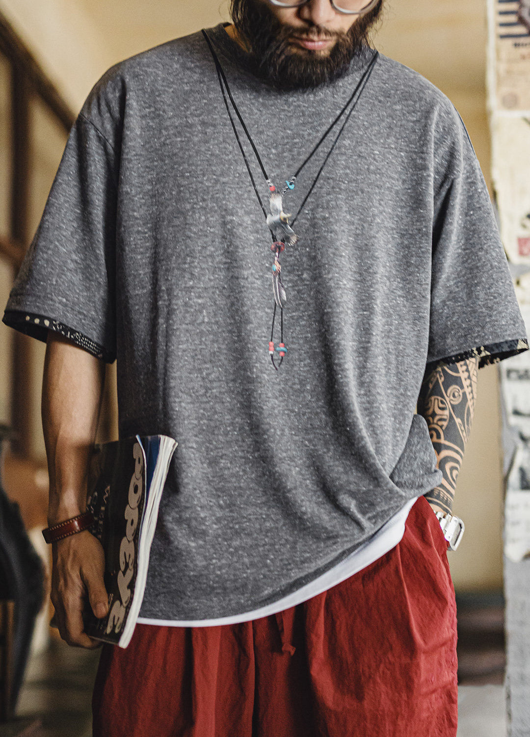 American Retro Printed Fabric Animal Patterns Patchwork Knit Men's T-Shirt