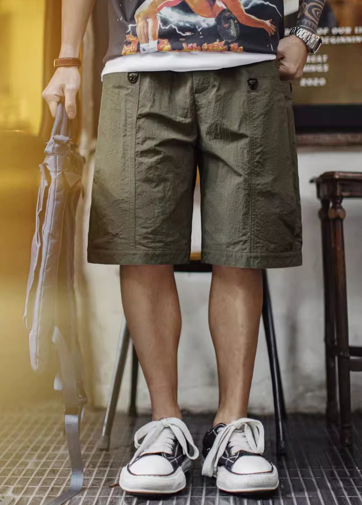 American Retro Army Green Accordion Pocket Straight Thin Men's Shorts - Harmony Gallery