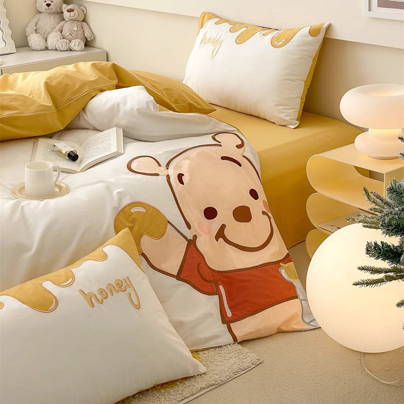 Cartoon Cute Disney Pooh Washed Four-Piece Pure Cotton Bed Set - Harmony Gallery