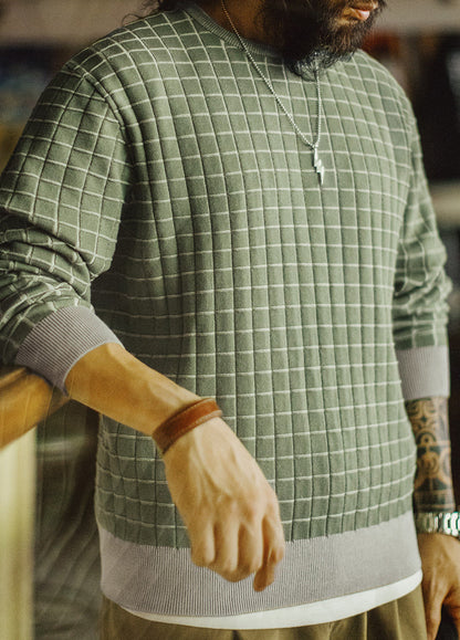American Retro Vintage Plaid Crew Neck Knitted Pullover Men's Sweater