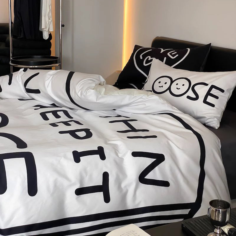 Black Love Pure Cotton Four-Piece Black And White Bed Set - Harmony Gallery