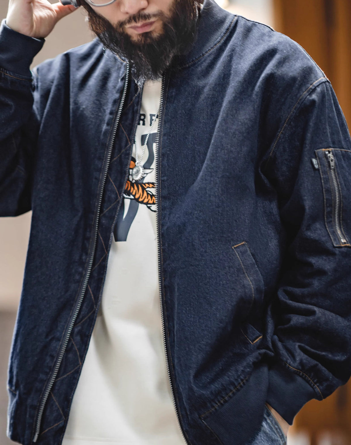 American Retro Denim Washed MA1 Bomber Baseball Men's Jacket - Harmony Gallery