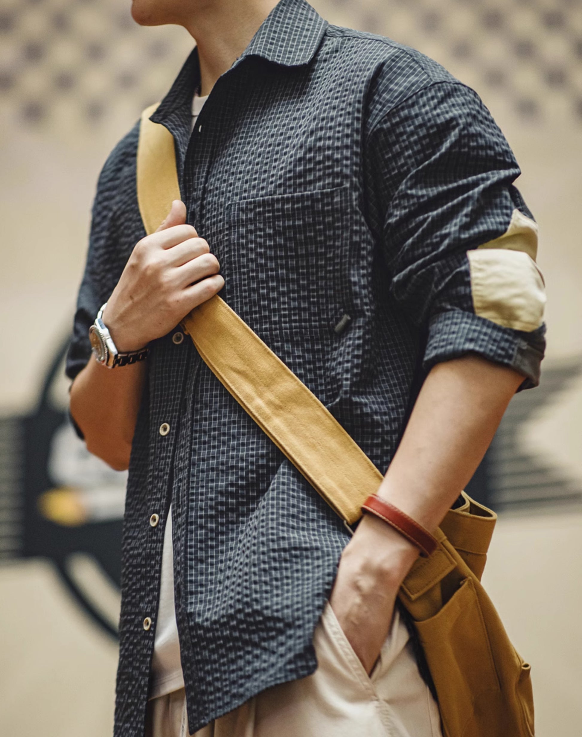 American Retro Seersucker Plaid Textured Lapel Stitching Men's Shirt - Harmony Gallery