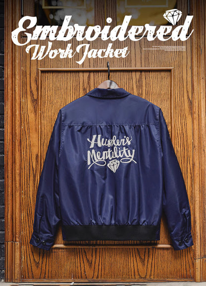 American Retro Navy Blue Embroidered Letter Wear Outside Men's Jacket - Harmony Gallery
