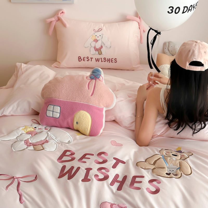 Cartoon Circus Bear Embroidery Pure Cotton Long Staple Four-Piece Bed Set - Harmony Gallery