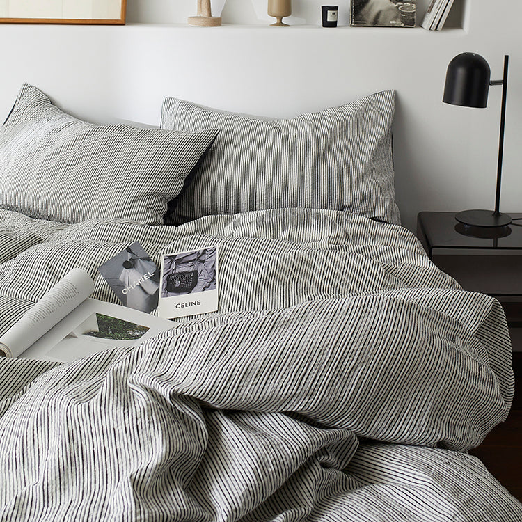 Premium Black and White Striped Textured Bedding Pure Cotton Four-Piece Bed Set - Harmony Gallery