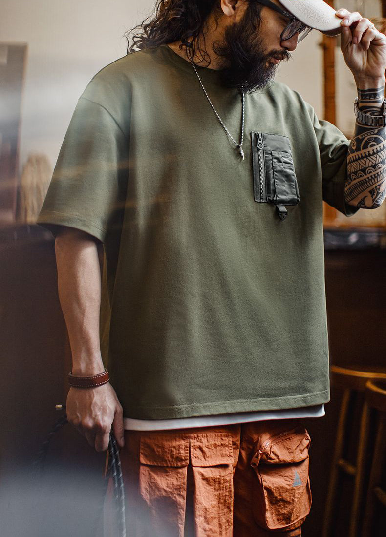 American Retro Army Green Pocket Mountain Knitted Heavy Men's T-Shirt - Harmony Gallery