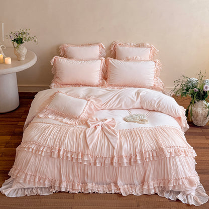 French Princess Thickened Bow Matte Warm Coral Fleece Four-Piece Bed Set - Harmony Gallery