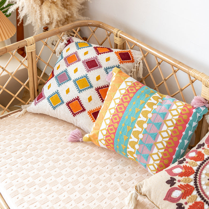 Vibrant Boho Fiesta Colorful Pom-Pom Embroidered Decorative Throw Pillows - Harmony Gallery
