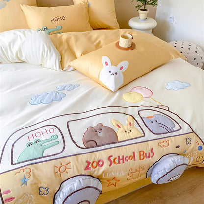 Cartoon Happy Bus Zoo School Four-Piece Pure Cotton Bed Set - Harmony Gallery