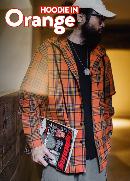 American Retro Casual Yarn-Dyed Orange Hooded Plaid Loose Men's Shirt - Harmony Gallery