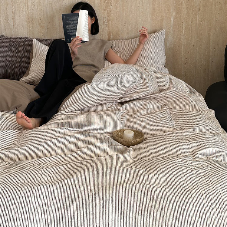 Premium Black and White Striped Textured Bedding Pure Cotton Four-Piece Bed Set - Harmony Gallery
