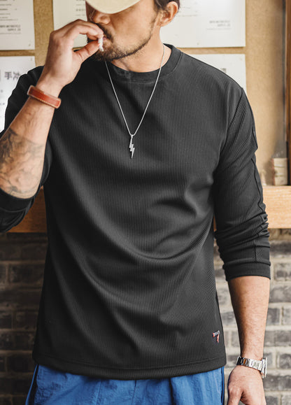 American Style 3D Groove Strip Base Layer Thin Knit Hoodless Men's Sweater