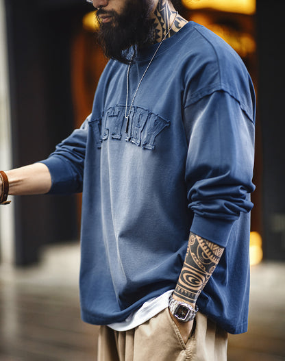 American Retro Letter Patch Gradient Color Washed Men's Sweater - Harmony Gallery