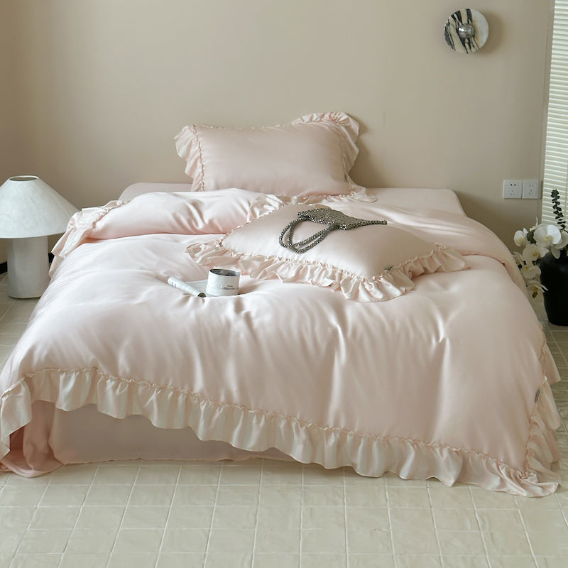 French Lotus Leaf Lace Four-Piece Ice Silky Nude Sleeping Bed Set - Harmony Gallery
