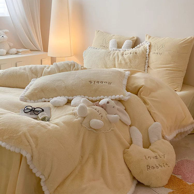 Cute Cartoon Rabbit Velvet Warm Double-Sided Four-Piece Bed Set - Harmony Gallery