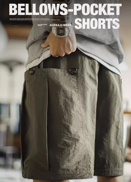 American Retro Army Green Accordion Pocket Straight Thin Men's Shorts - Harmony Gallery