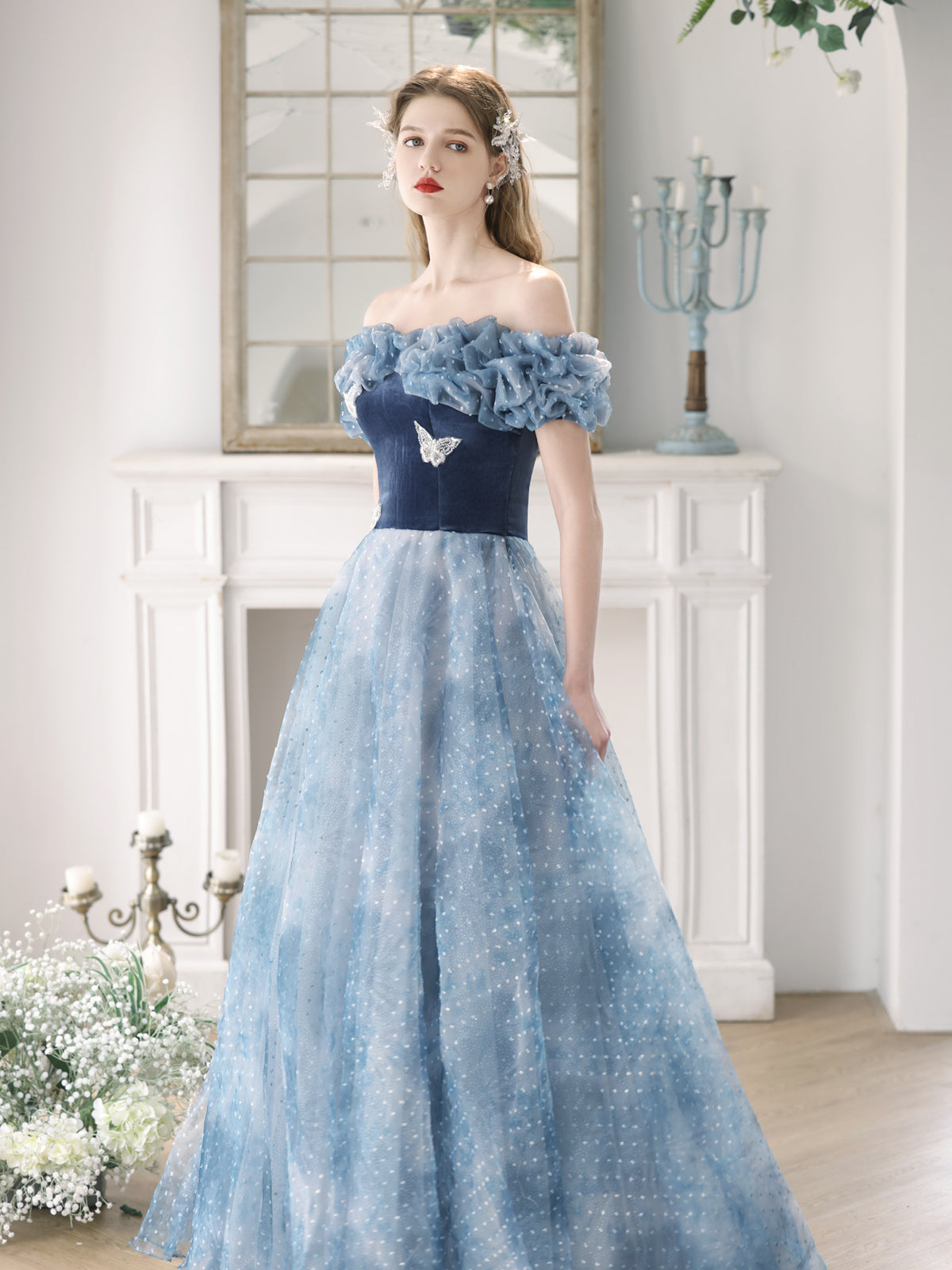 Enchanting Off-Shoulder Blue Tulle Ball Gown with Ruffled Bodice - Harmony Gallery