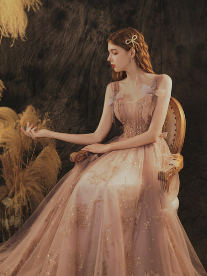 Elegant Rose Gold Glitter Tulle Evening Gown with Bow Accents - Harmony Gallery