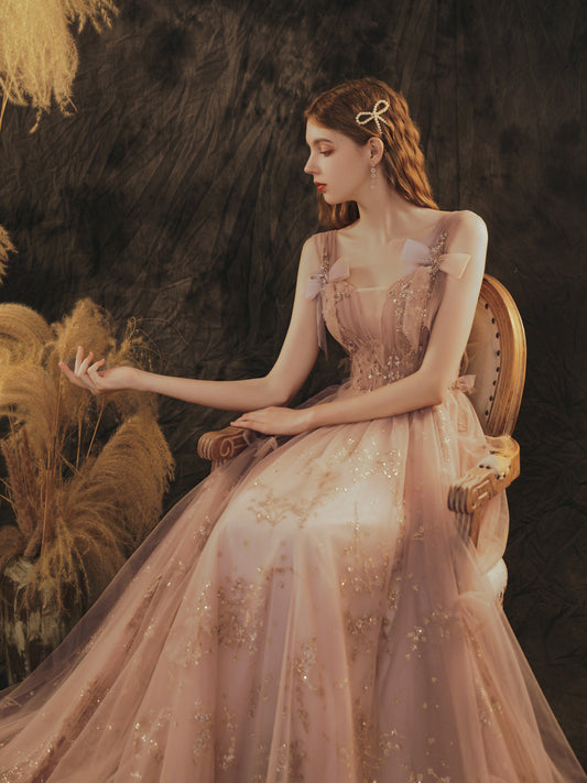 Elegant Rose Gold Glitter Tulle Evening Gown with Bow Accents - Harmony Gallery