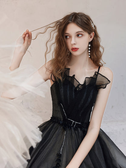 Elegant Black Sparkling Tulle Ball Gown with Ruffled Bodice - Harmony Gallery