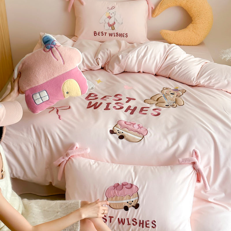 Cartoon Circus Bear Embroidery Pure Cotton Long Staple Four-Piece Bed Set - Harmony Gallery