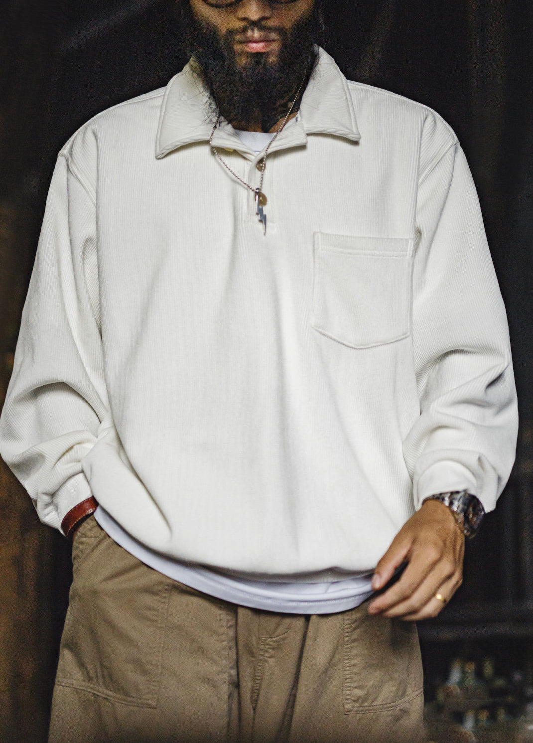 American Polo Corduroy Collarless Fleece-Lined Pullover Pocket Men's Sweater - Harmony Gallery