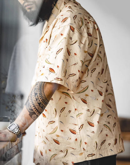 Retro Fishing Bait Painted Cotton Hawaiian Half-Sleeved Men's Shirt - Harmony Gallery