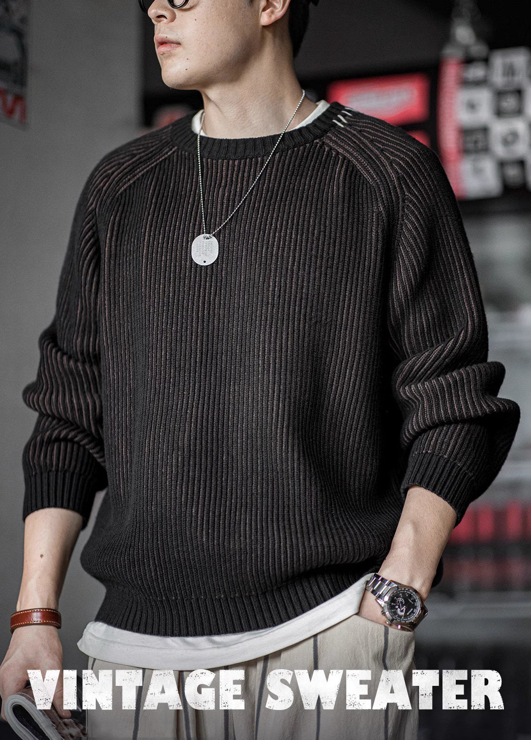 American Retro Vertical Striped Knitted Raglan Sleeve Thick Warm Men's Sweater - Harmony Gallery