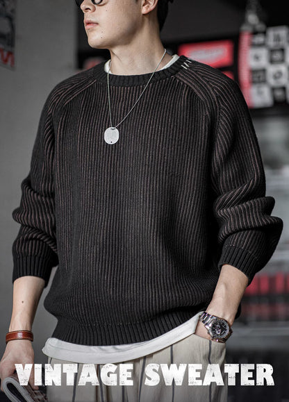 American Retro Vertical Striped Knitted Raglan Sleeve Thick Warm Men's Sweater - Harmony Gallery