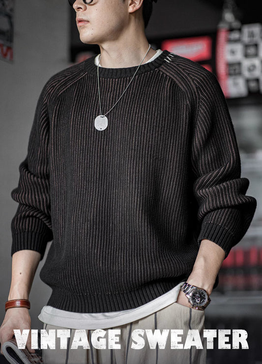 American Retro Vertical Striped Knitted Raglan Sleeve Thick Warm Men's Sweater - Harmony Gallery