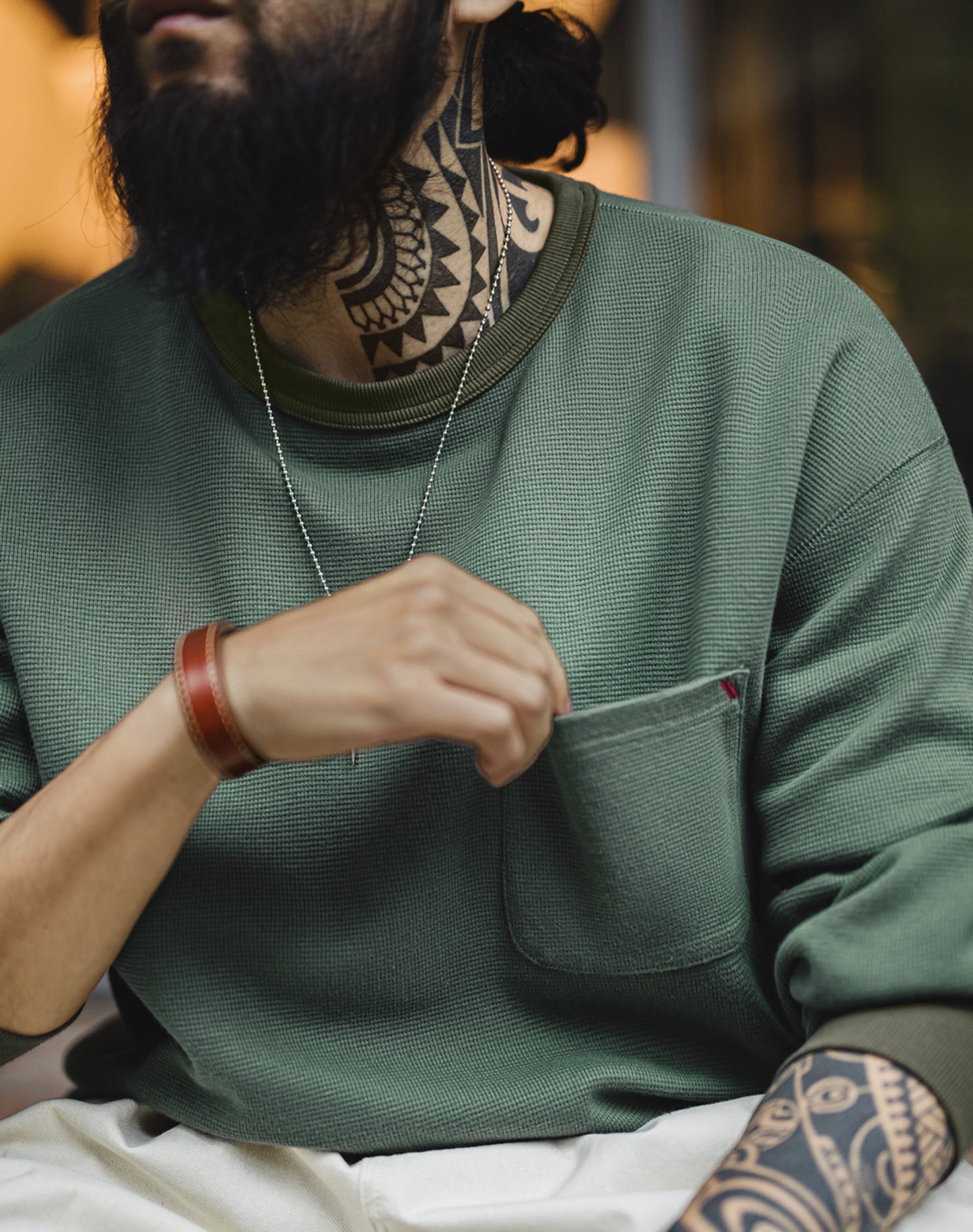 American Waffle Knitted Pocket Round Neck Loose Long-Sleeved Men's Sweater - Harmony Gallery