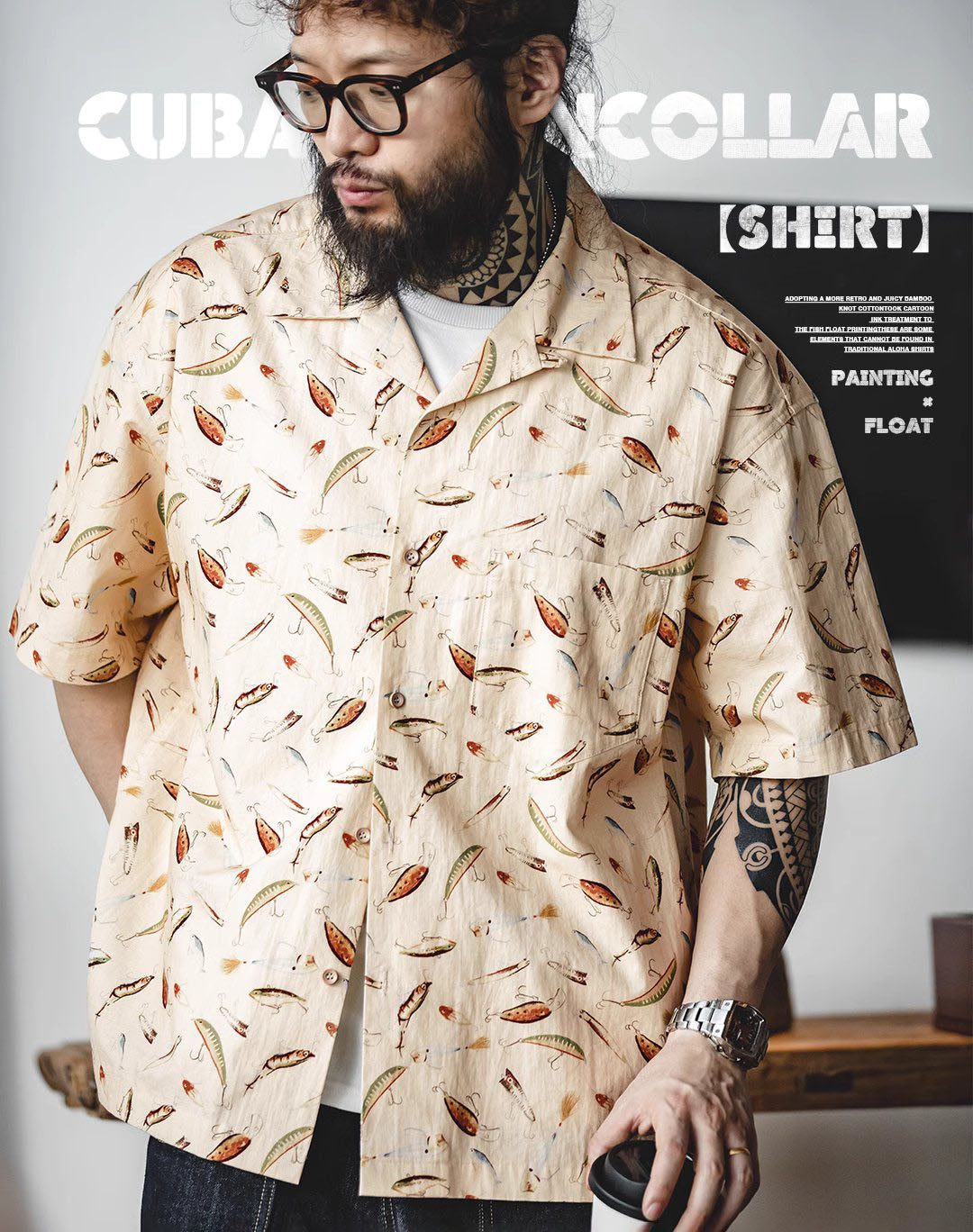 Retro Fishing Bait Painted Cotton Hawaiian Half-Sleeved Men's Shirt - Harmony Gallery