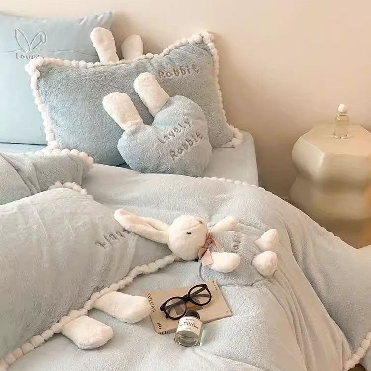 Cute Cartoon Rabbit Velvet Warm Double-Sided Four-Piece Bed Set - Harmony Gallery