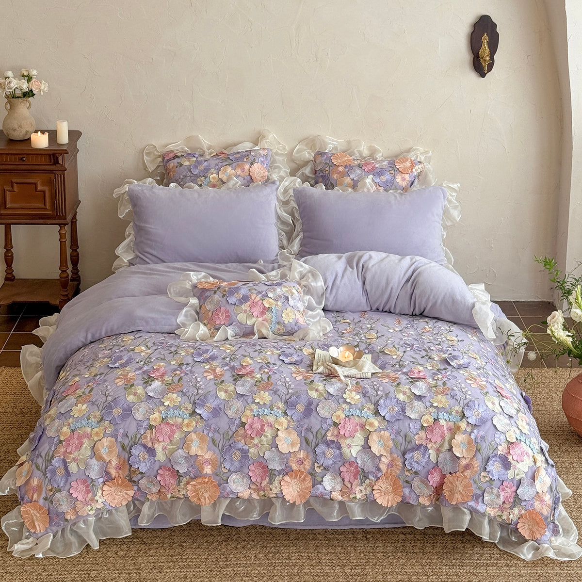 French Ruffled Winter Thickened Coral Fleece Warm Four-Piece  Bed Set - Harmony Gallery