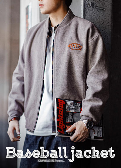 American Retro Woolen Baseball Embroidery Cuffed Sleeves Men's Jacket - Harmony Gallery