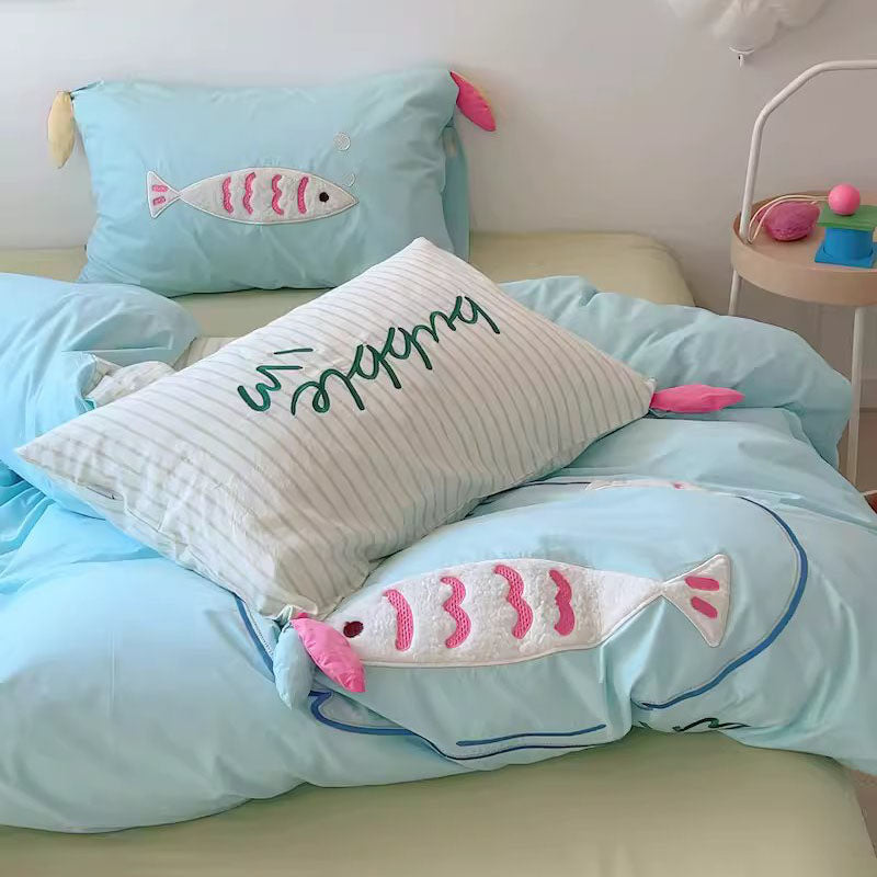 Cute Cartoon Fish Embroidered Washed Four-Piece Cotton Bed Set - Harmony Gallery