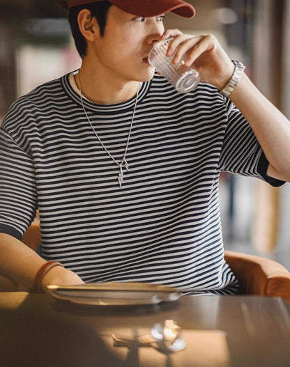 American Retro Knitted Striped Contrast Sea Soul Men's T-Shirt - Harmony Gallery