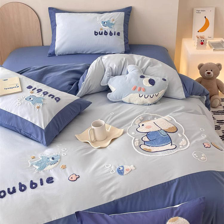 Cute Cartoon Bubble Shark Washed Four-Piece Pure Cotton Bed Set - Harmony Gallery