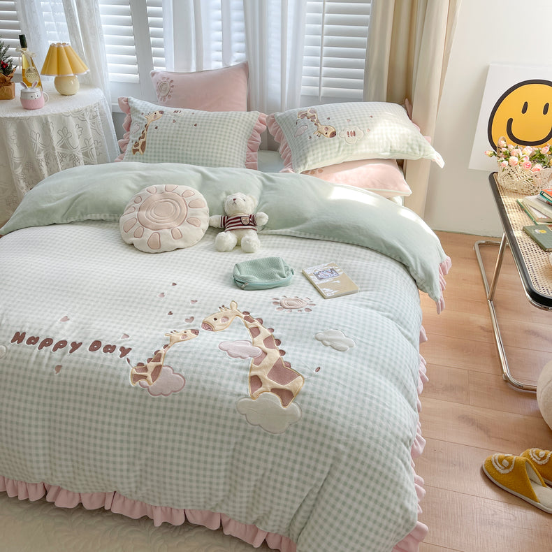 Cute Cartoon four-piece winter Coral Velvet Winter Four-Piece Bed Set - Harmony Gallery